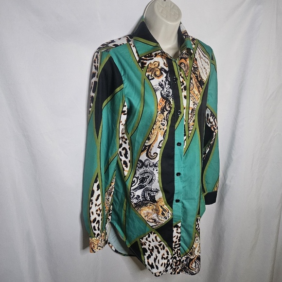Womens Urbanic Leopard Print Green Colorblock Long Sleeve Button Front Shirt XS - Picture 3 of 9